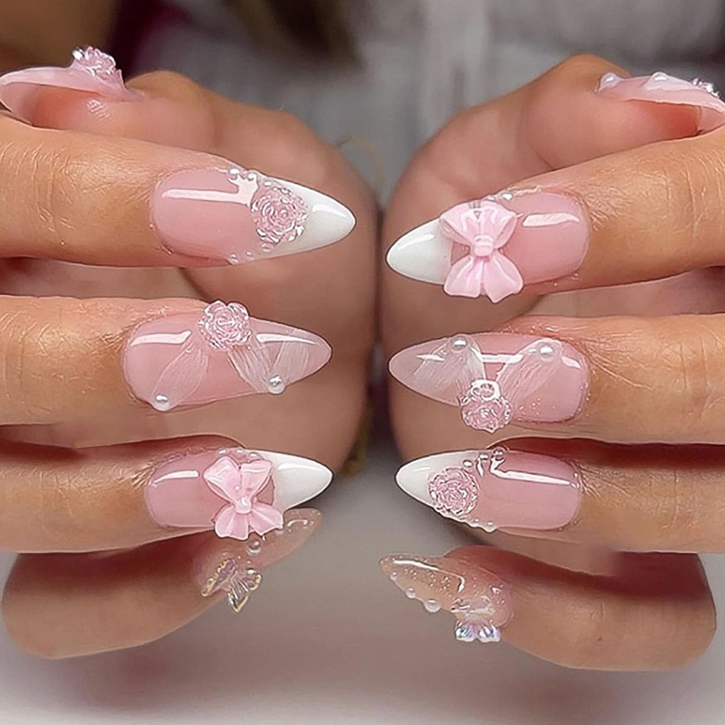 French Tip Press-On Nails - Medium Almond Shape with 3D Bow & Pearl Charms | 24 Pcs Spring Design