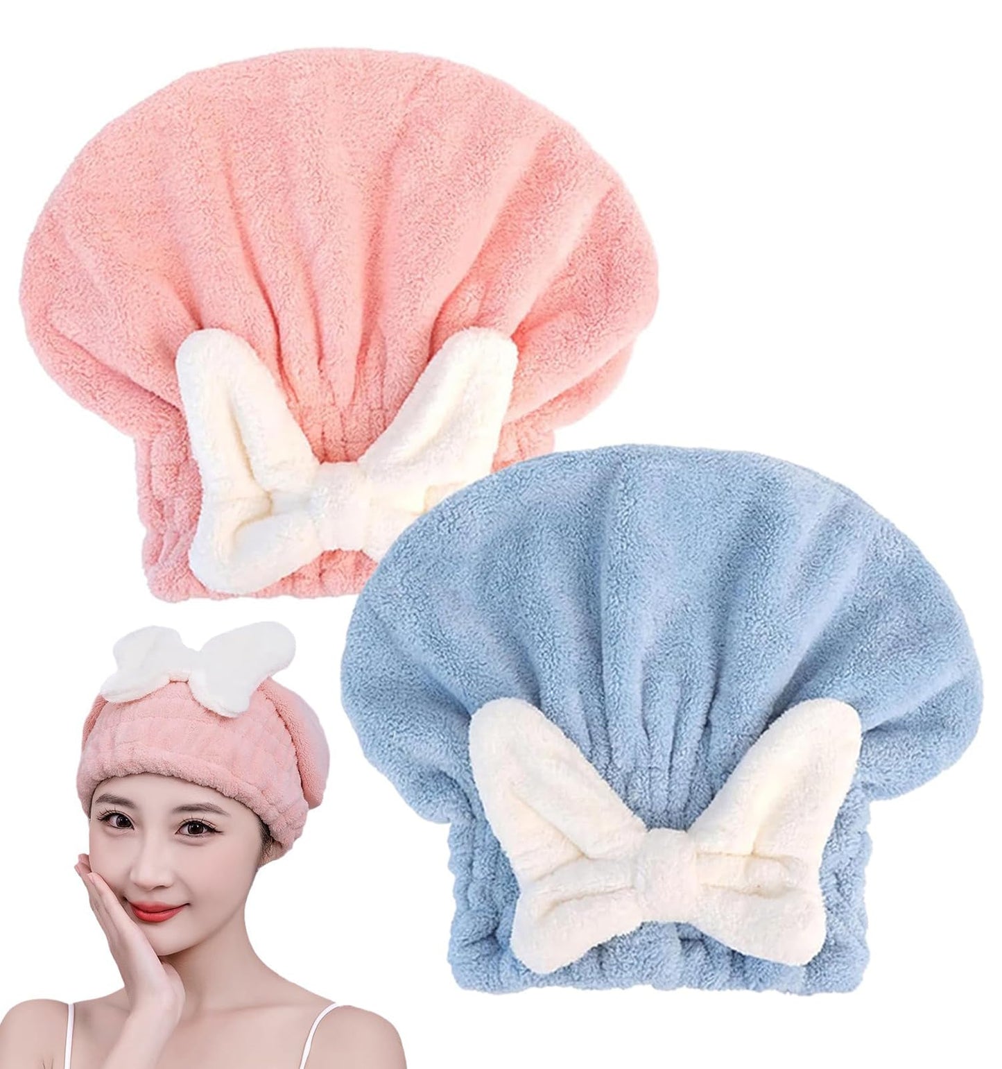 YUMINGUHC Microfiber Hair Drying Caps for Women 2Pack Pink+Blue