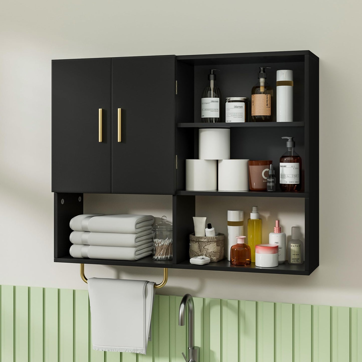 Tltaroni Bathroom Wall Cabinet Wood Large Wall Mounted Medicine Cabinet with 2 Doors and 4 Open Shelves Over Toilet Storage Cabinet Organizer with Towel Bar, Black
