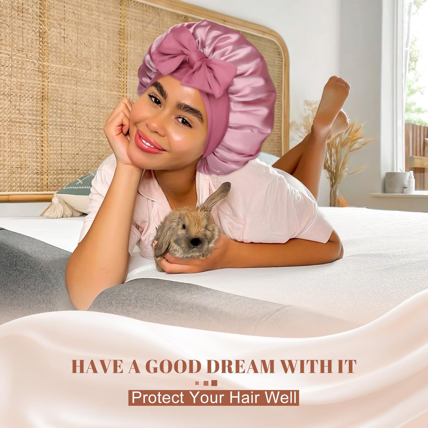 Satin Bonnet for Sleeping Cap Double Layer Hair Bonnet with Elastic Tie Band for Curly Hair Night Cap (Bean Paste + Pink)