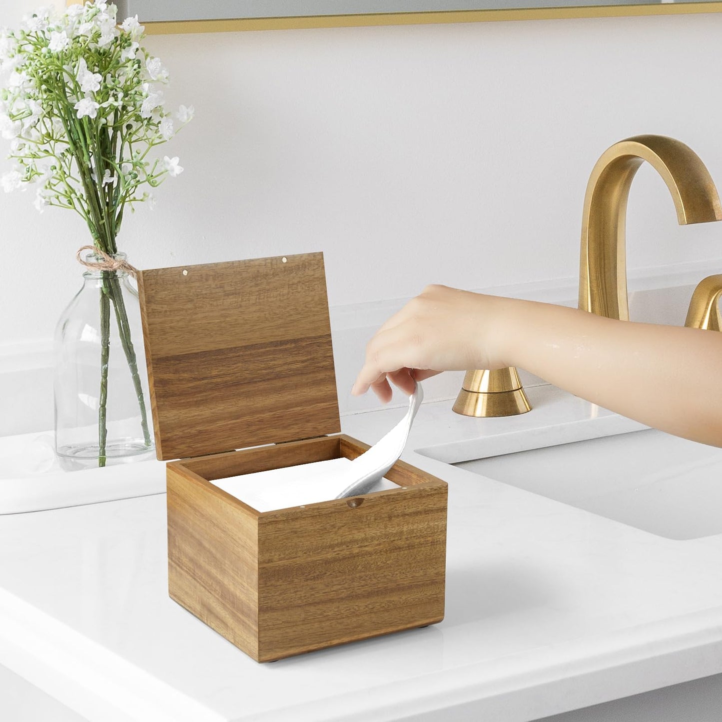 Bivvclaz Acacia Wood Disposable Face Towel Holder, Face Towel Container Compatible with Clean Towels XL, Face Towels Storage Box with Lid, Makeup Remover Organizer for Vanity, Bathroom