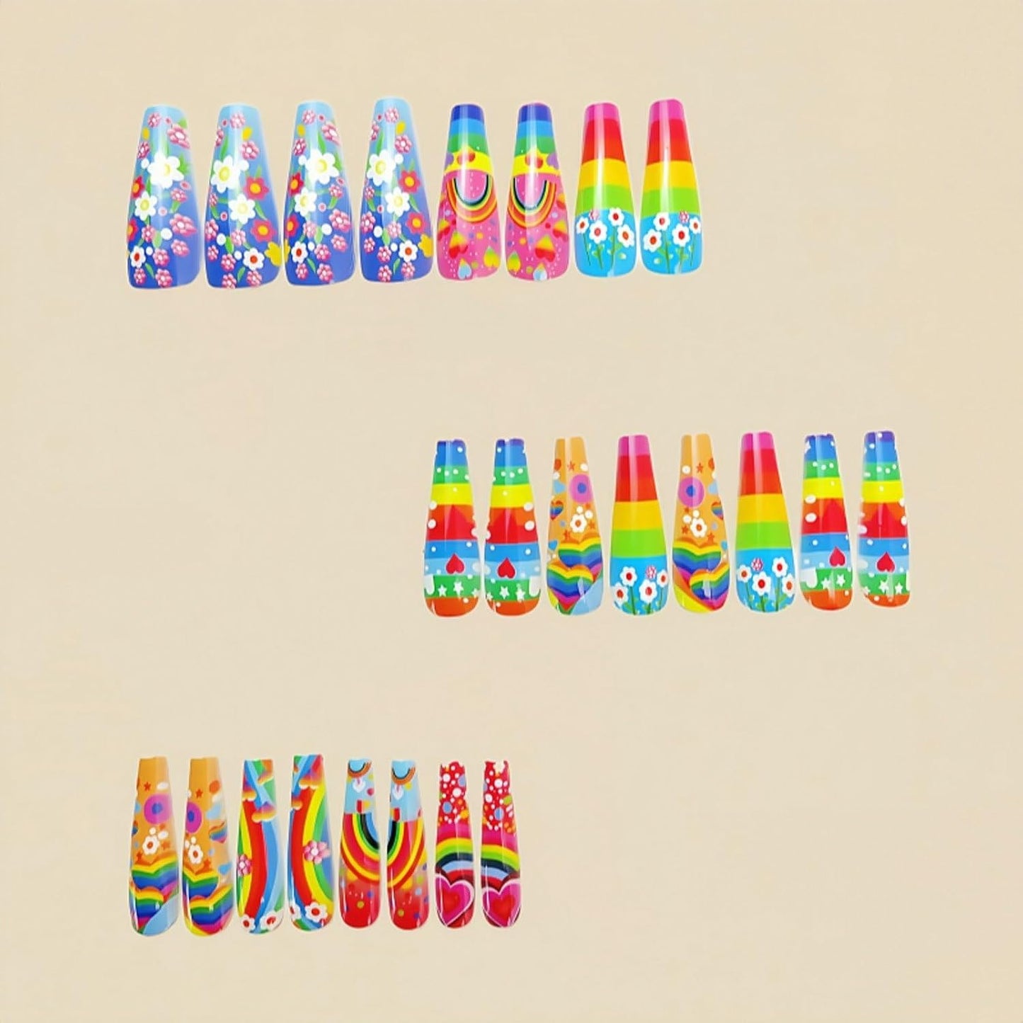 Colorful Press On Nails - Long Coffin Fake Nails with Rainbow Heart & Flower Design | Reusable Glossy Acrylic Nails for Women