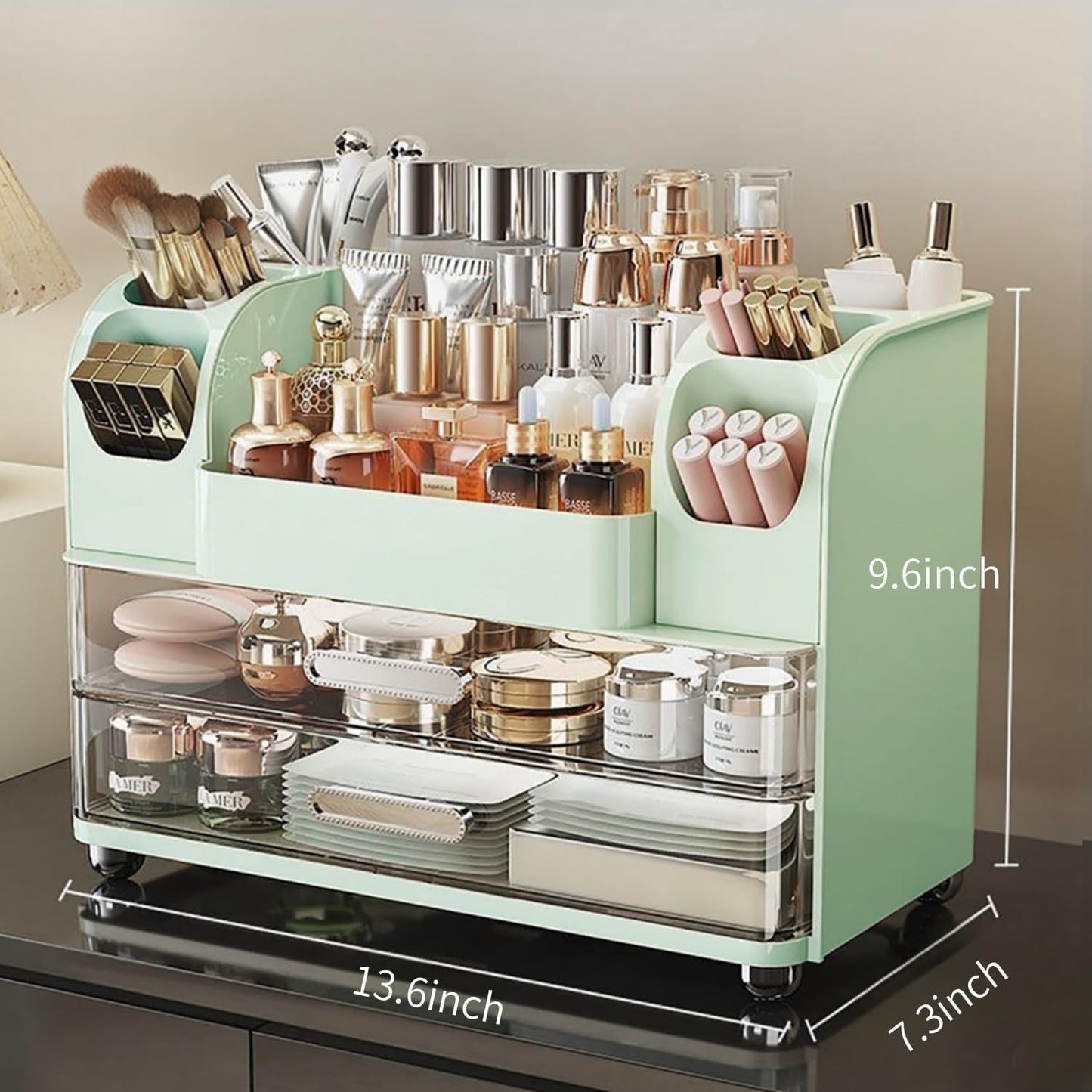 TIRUSS Makeup Organizer with Drawers for Vanity,Bathroom Countertop Organizer with Brushes Holder,Skincare Storage Organizer for Lipsticks,Nail Polishes, Perfumes,Eyeshadow Palettes (Green)