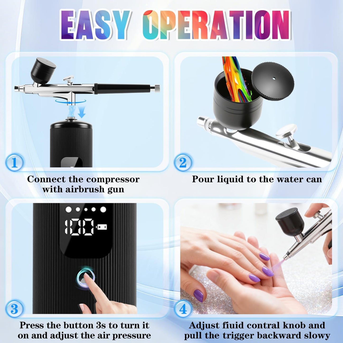 Airbrush Kit - Portable 48PSI Compressor with 0.3mm Nozzle for Nail Art, Makeup & Painting | 6000 mAh Battery