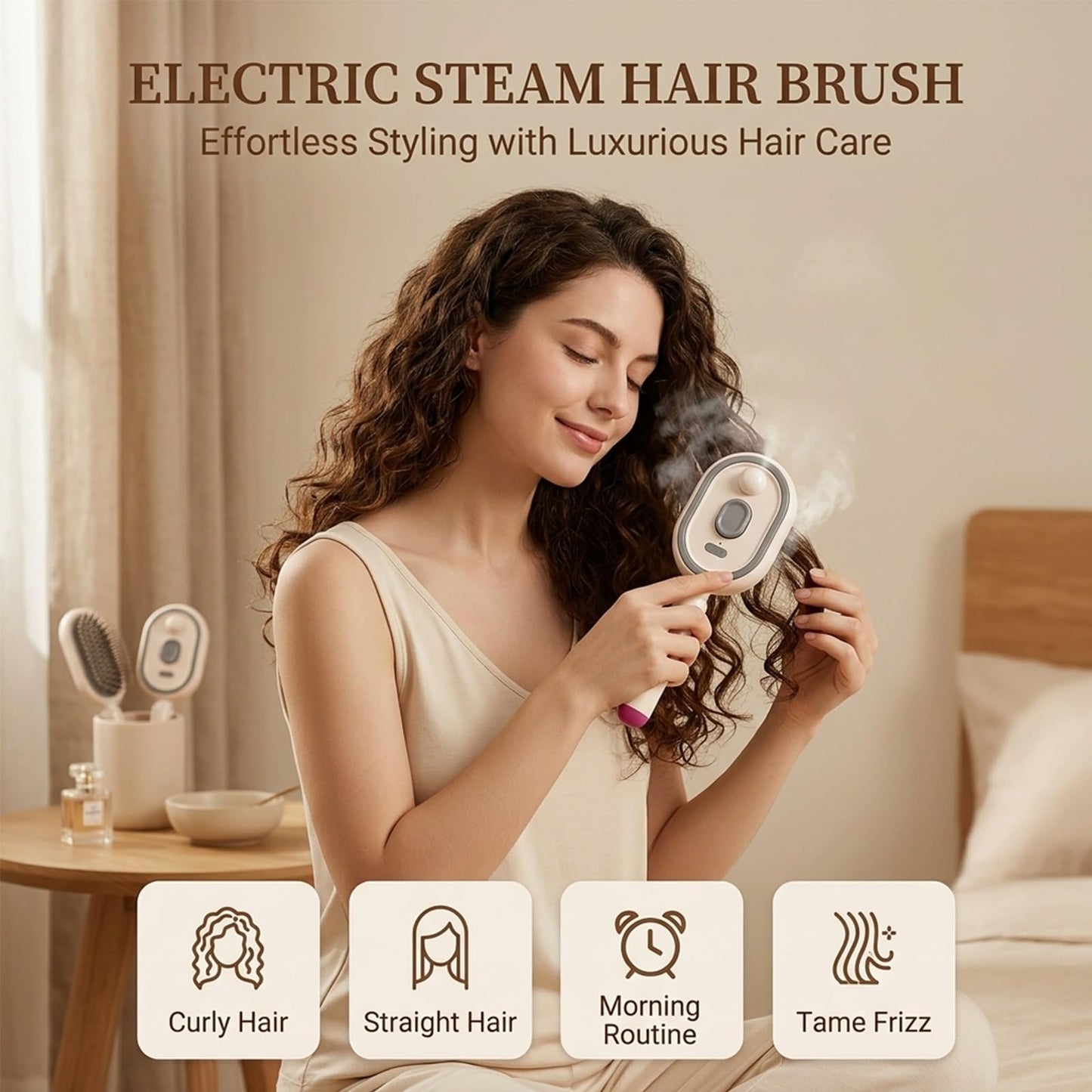 Electric Steam Brush for Hair, Rechargeable Mist Hair Brush with Detangling Air Cushion Comb for Women, Portable Anti-Static Smoothing Brush for Dry, Frizzy & Tangled Hair