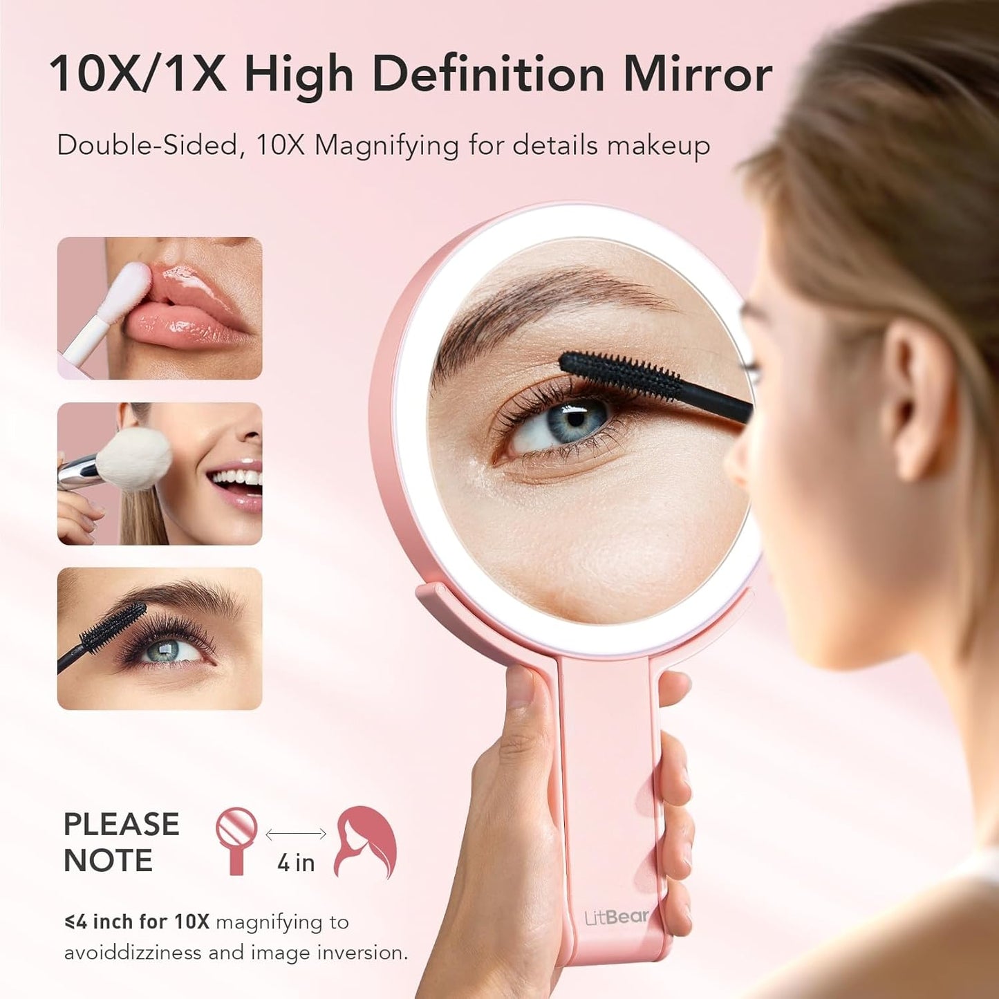 Travel Makeup Mirror with Lights - Rechargeable Double-Sided 10X/1X Magnifying | Portable Dimmable Touch Screen (Pink)