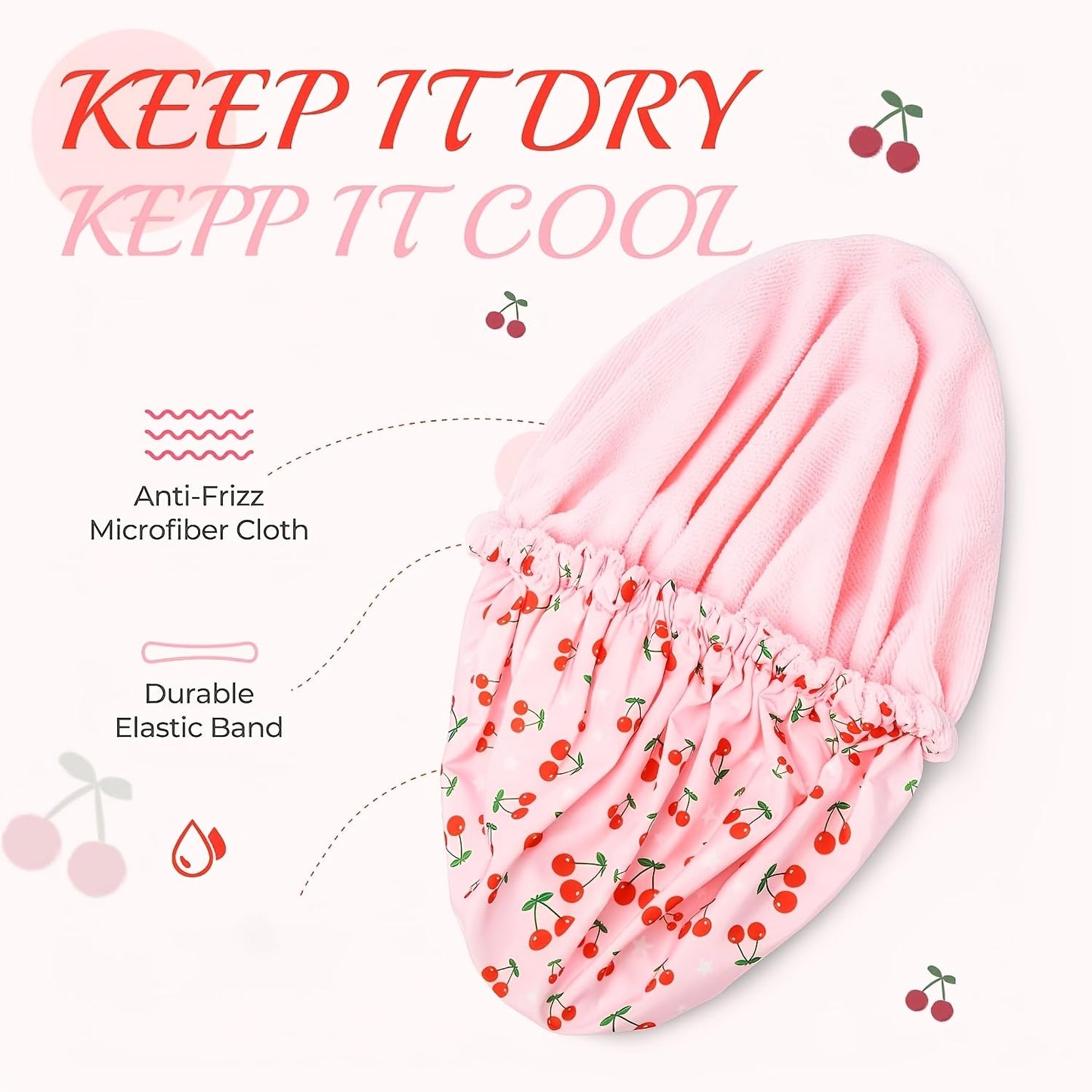 3 in 1 Shower Cap for Women, Pink Heart Print Reusable Waterproof Terry Lined Elastic Bath Wrap Long Braided Hair (Love)