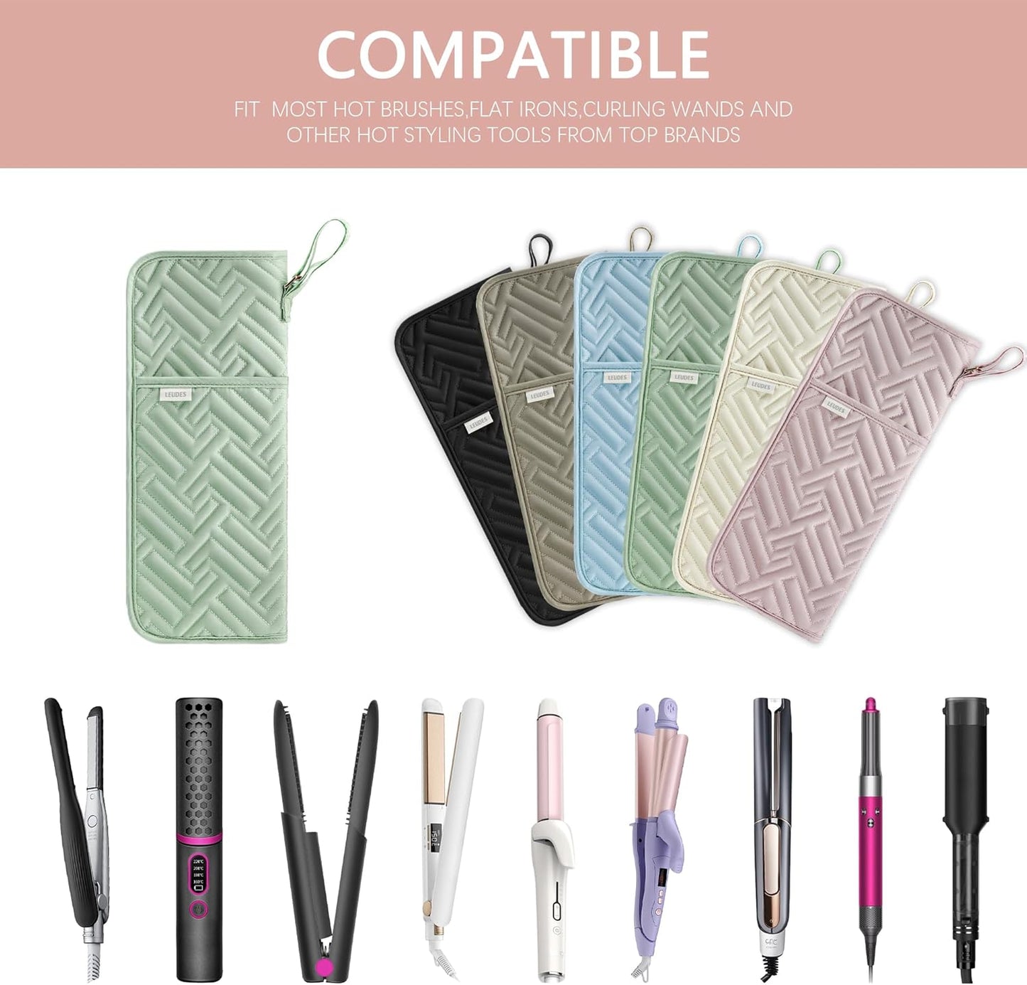 Hair Tool Organizer - Heat Resistant Mat for Flat Iron & Curling Iron | Travel Bag & Pouch in Sage Green