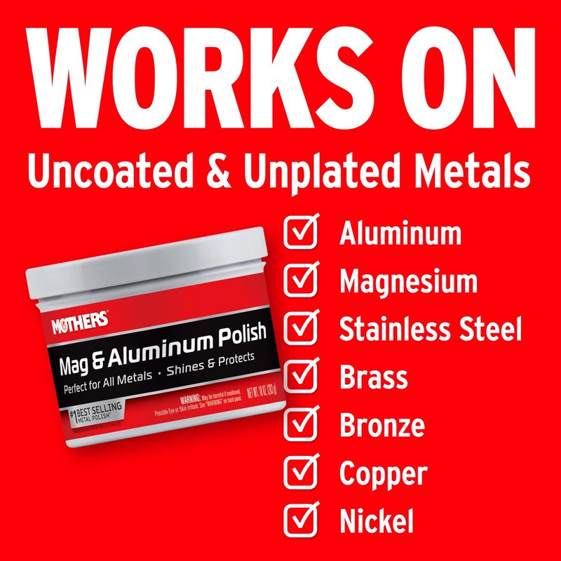 Mothers Mag & Aluminum Polish, 10 oz. – Brilliant Shine, Easy to Use, for All Uncoated & Unplated Metals Including Aluminum Wheels, Stainless Steel Trim and Exhaust Tips, Brass & More (05101)