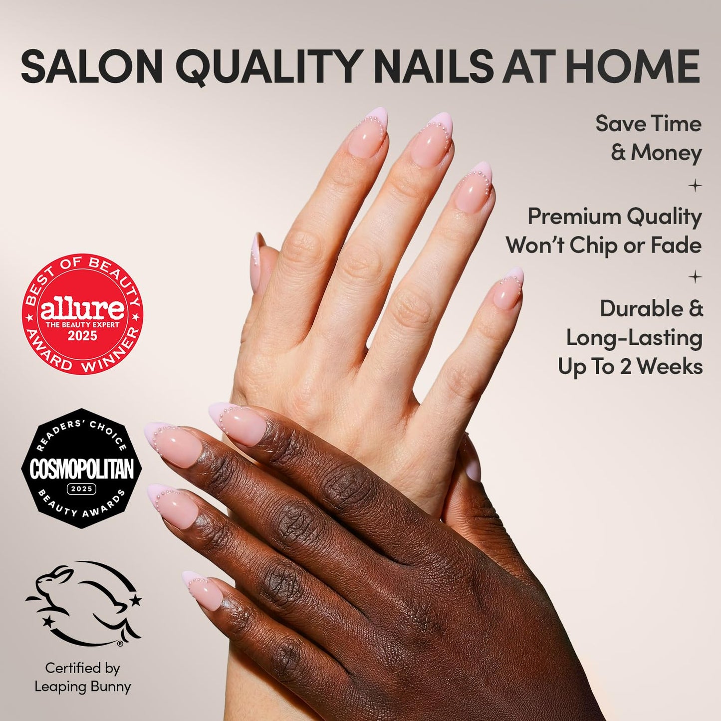 Glamnetic Press-On Nails - Pink Me Up Spring Almond Nails | Pastel Pink French Tips with 3D Pearls - 30 Nail Kit, 15 Sizes