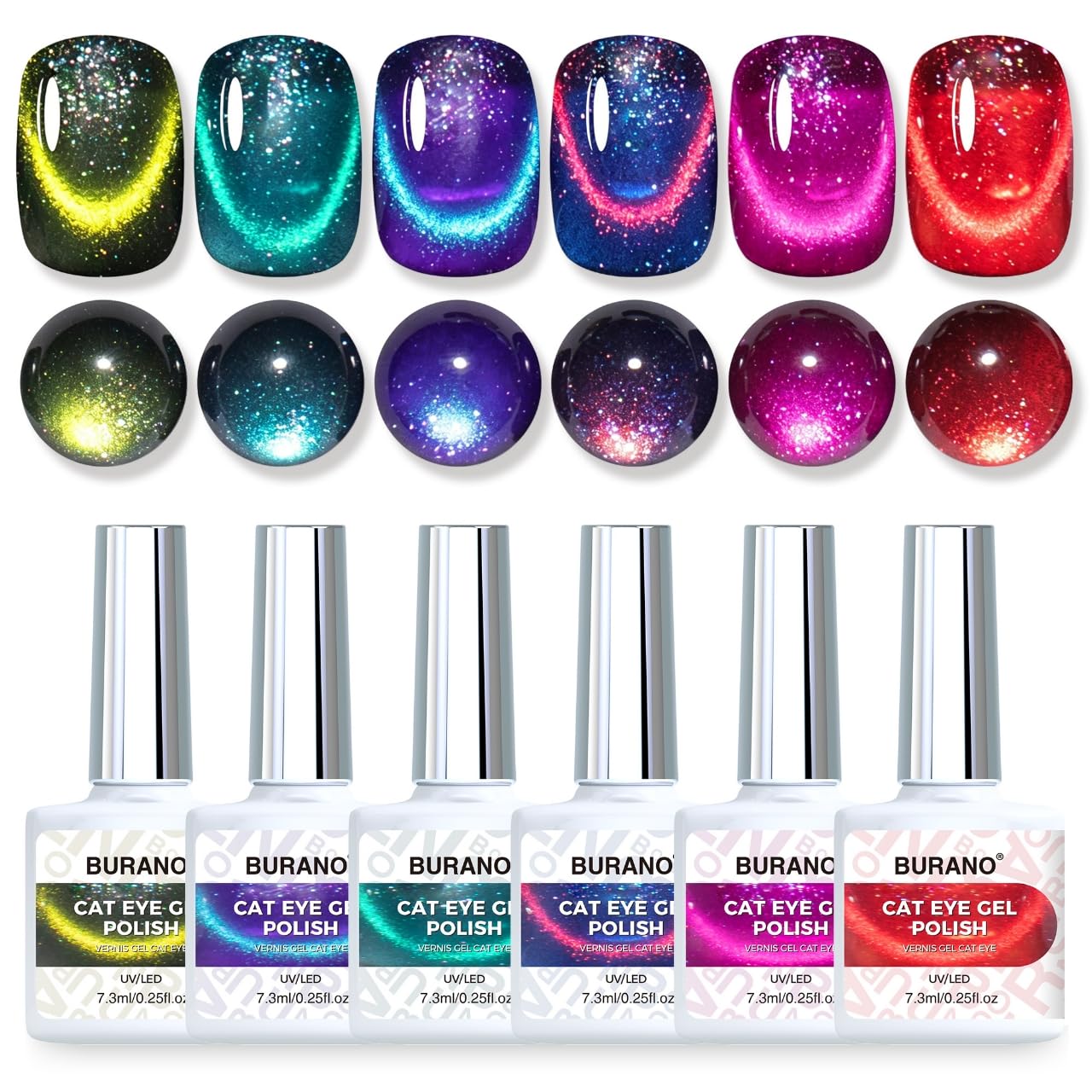 Magnetic Cat Eye Gel Nail Polish Set - 6 Pcs Holographic Glitter UV Polish | Reflective Laser Gel Kit for Salon & Home Use