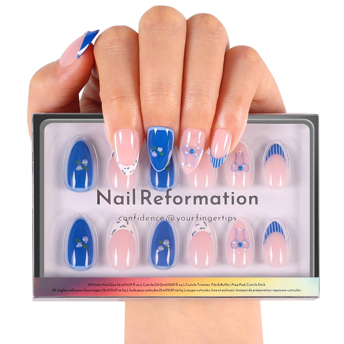 Press On Nails - Tropic Tide Sunset Orange to Deep Purple | Medium Almond Shape with 3D Floral Accents - Reusable 30-Piece Set in 15 Sizes