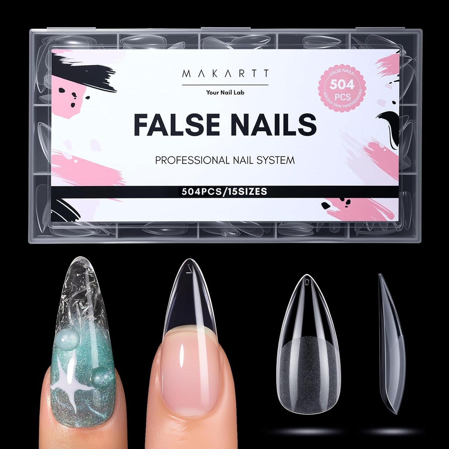 Short Almond Nail Tips - 504 PCS Half Cover Pre-shaped Acrylic | Easy DIY Manicure Supplies, 15 Sizes Available