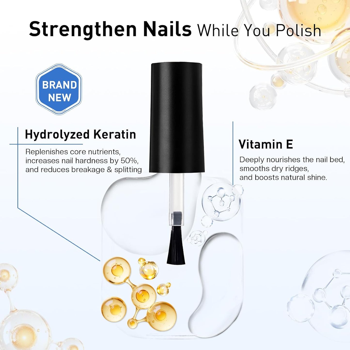 Glamonade 3-In-1 Clear Nail Polish - Quick Dry Top Coat & Nail Strengthener | 12ml High Gloss Finish