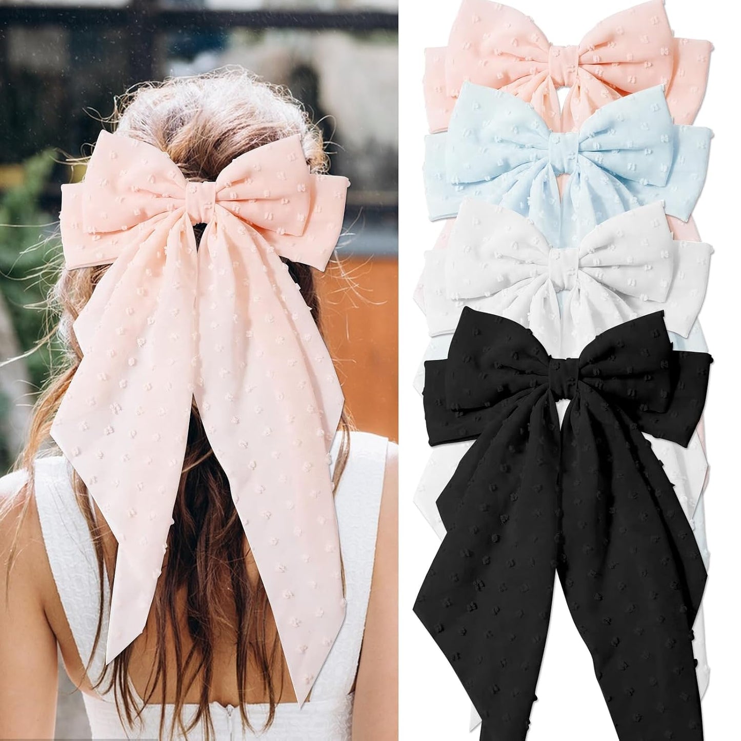 Large Hair Bows for Women - 4 Pcs Big Bow Clips | French Barrette Bowknot with Long Tail (Pink, Blue, White, Black)