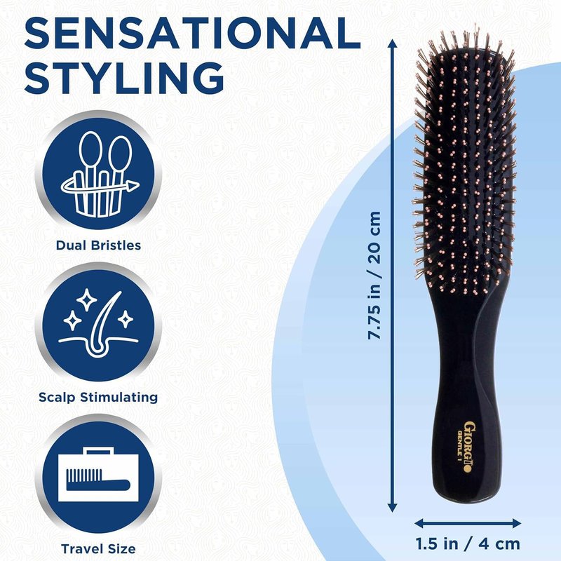 Giorgio Gentle Black Full Size Hair Brush – 7.75 Inch, Men, Women & Kids, Soft Bristles for Sensitive Scalp, Detangler Brush, Scalp Massager, Wet or Dry