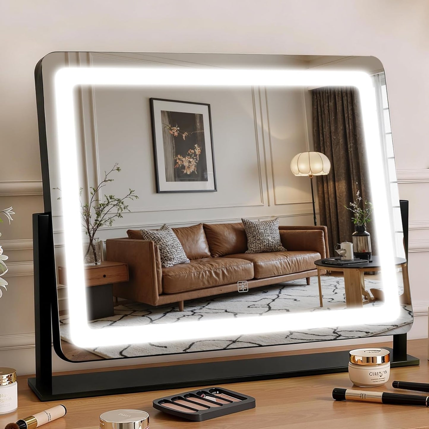 LED Makeup Mirror with Lights - 15" x 12.2" Dimmable Vanity Mirror with Smart Touch & 3-Color Lighting | 360° Rotation, White