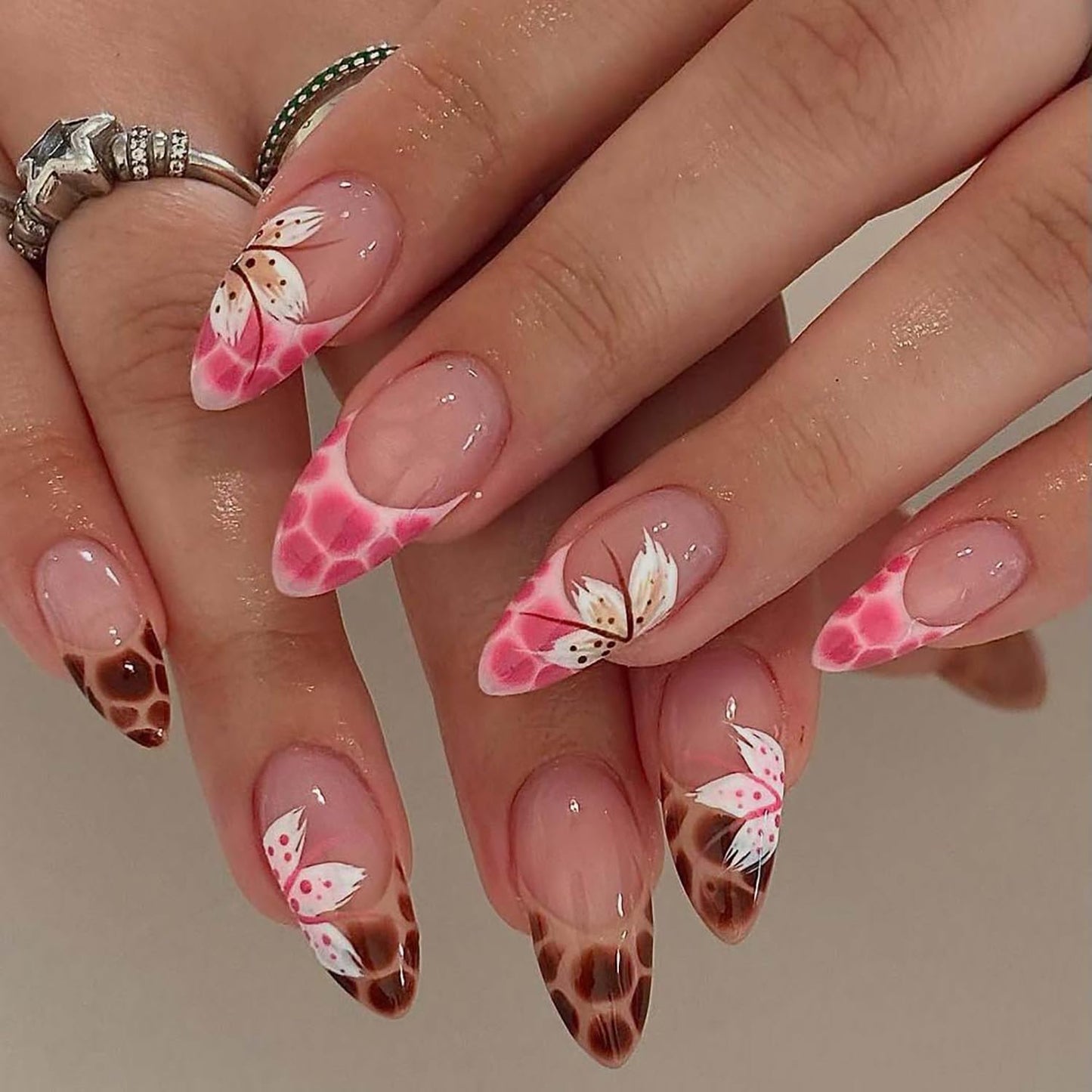 French Tip Press-On Nails - 24Pcs Medium Almond Design with Silver Rhinestones & 3D Flowers | Nude Pink Full Cover