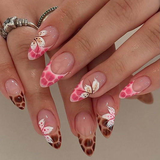 24Pcs Leopard Print French Tip Press on Nails Short Almond Fake Nails Pink Brown Full Cover Tips Glue on Nails Flower False Nails Cute Spring Stick on Nails for Women Acrylic Manicure Decorations DIY