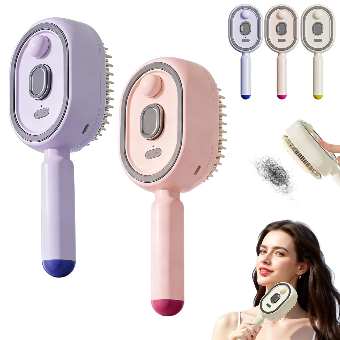 Electric Spray Air Cushion Massage Comb,3-in-1 Electric Spray Massage Comb Self-Cleaning Steam Hair Brush,Anti-Frizz Hydrating Hair Brush for Dry Frizzy, Damaged Hairs (Pink+Purple)