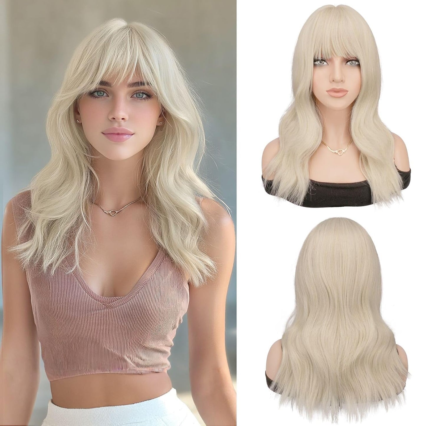 Brown Wigs with Bangs - 19 Inch Natural Wavy Synthetic Heat Resistant Hair for Women | Blonde Mixed Brown