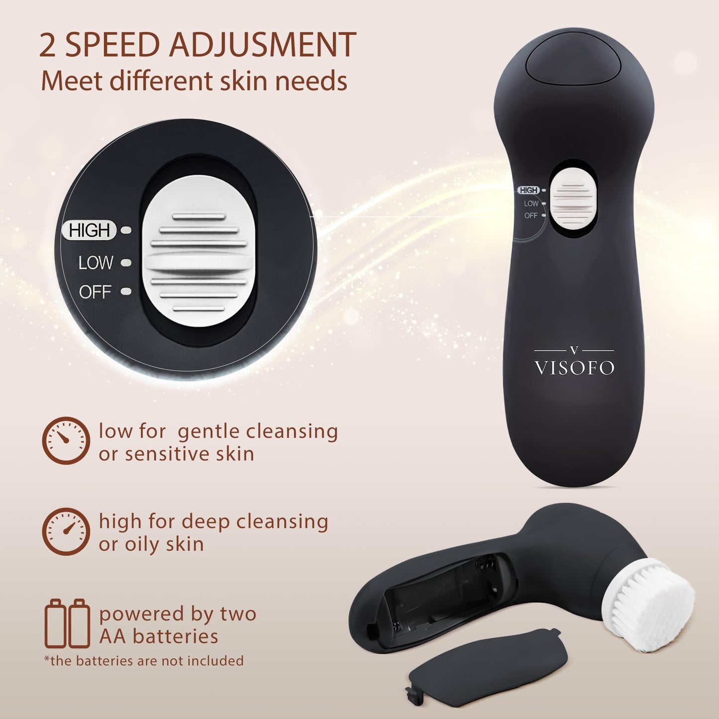 VISOFO Facial Cleansing Brush Face Scrubber Exfoliating Cleaning Skin Care Cleanser Wash Women Girls Electric Beauty Powered Exfoliator Skincare Spin Tools Scrub Washer Self Care (Onyx)