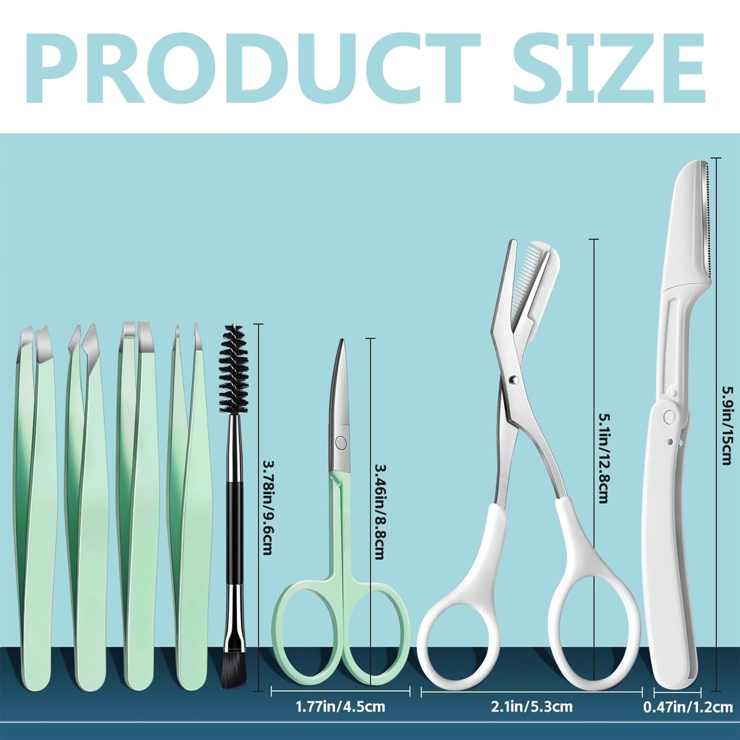 8 in 1 Eyebrow Kit with Tweezers, Tweezers for Women Facial Hair,Eyebrow Trimmer Scissors, Razor, Brush with Travel Bag, Hair Plucking Daily Beauty Tools(Green)