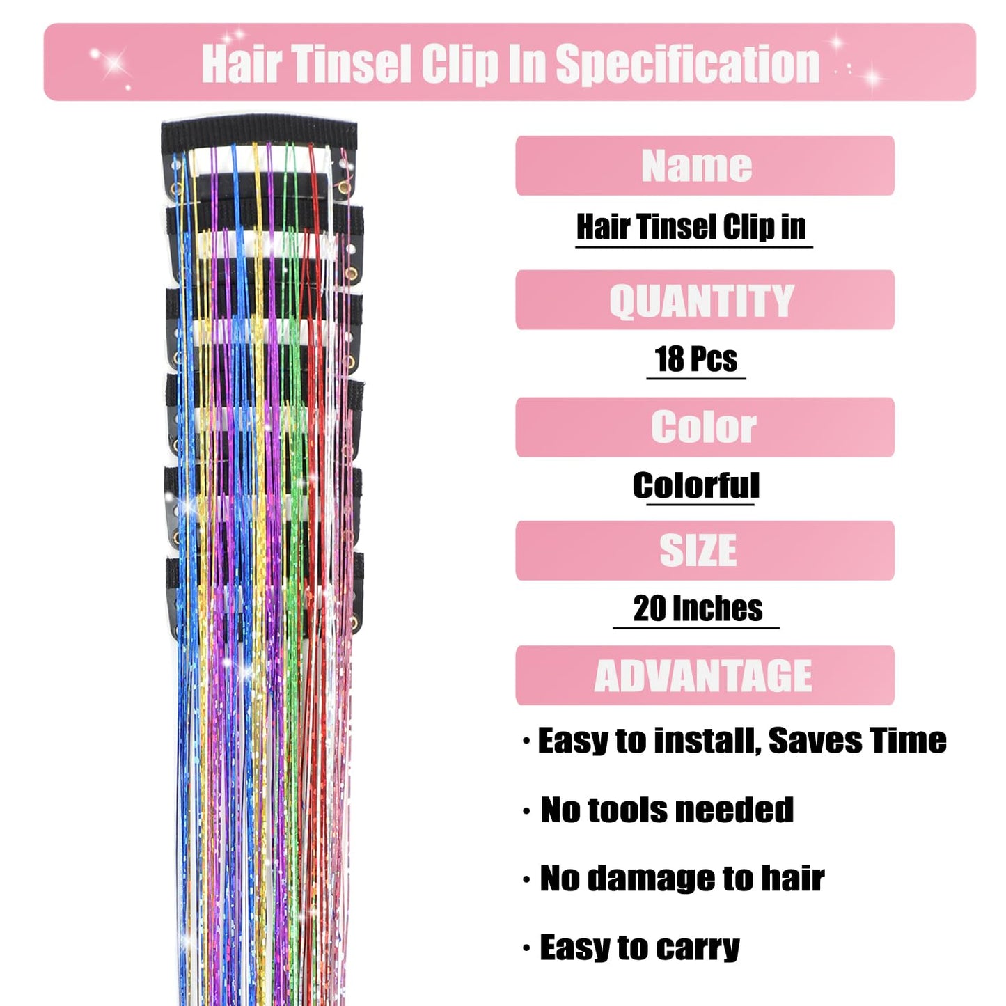 Aokomisu Hair Tinsel Clip in Pack of 18 Pcs Clip in Hair Tinsel Glitter Tinsel Hair Extensions 20 Inch Fairy Hair Clips Sparkling Hair Accessories for Girls Kids Women (Colorful-18 Pcs)