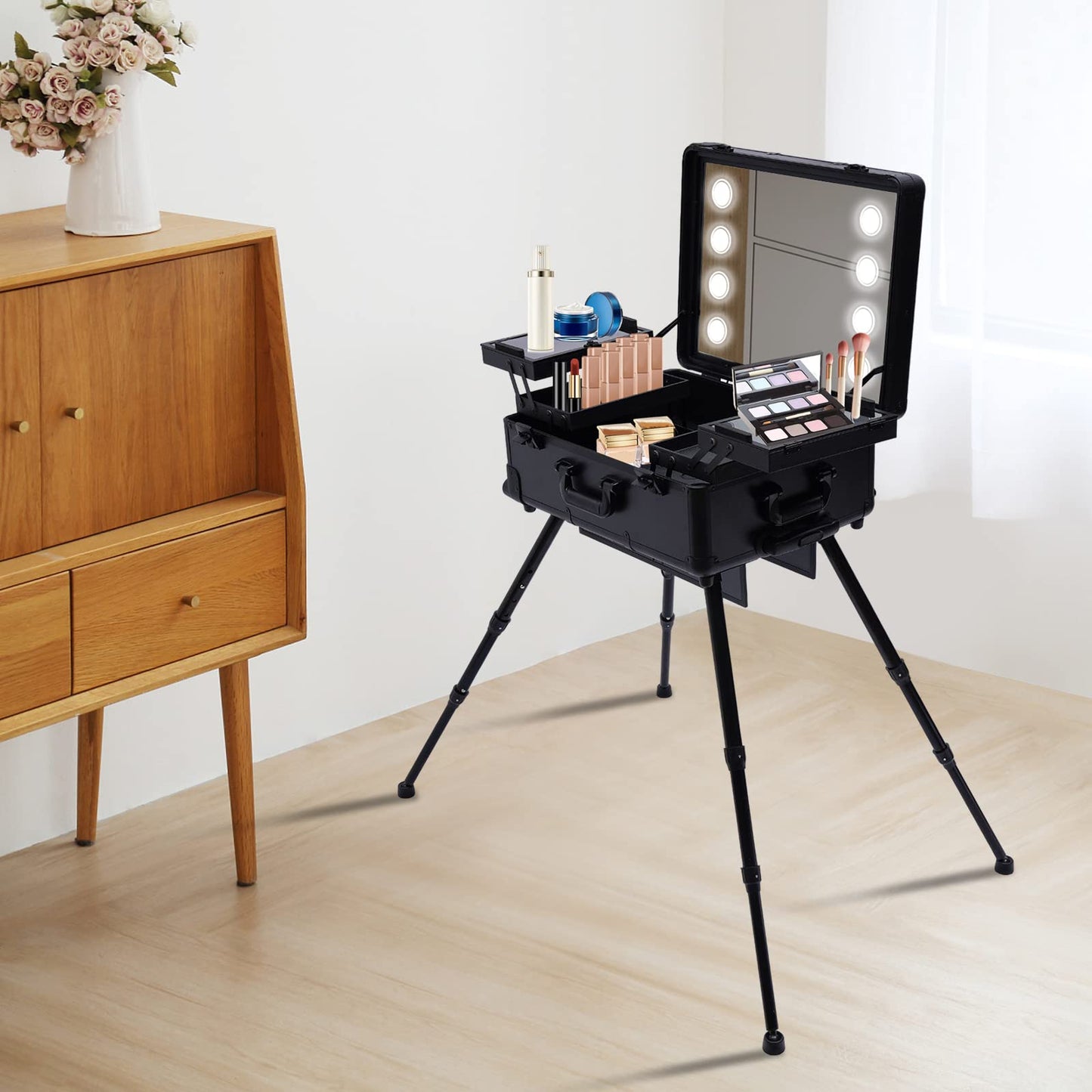 YIYIBYUS Make-Up Case, 3-Tiers Cosmetic Train Case With Light & Mirror & 4 Rolling Wheels Professional Makeup Artist Travel Cases Bag Adjustable Legs Make Up Station for Make-up Artists, Hairdressers