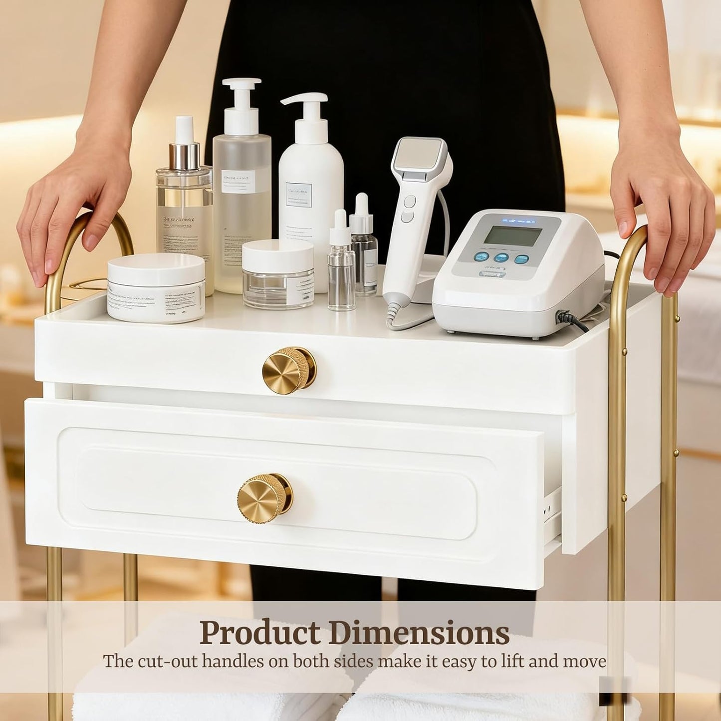 Salon Trolley Cart - Lockable Wheels & Storage Cabinet for Hair Stylists | White & Gold