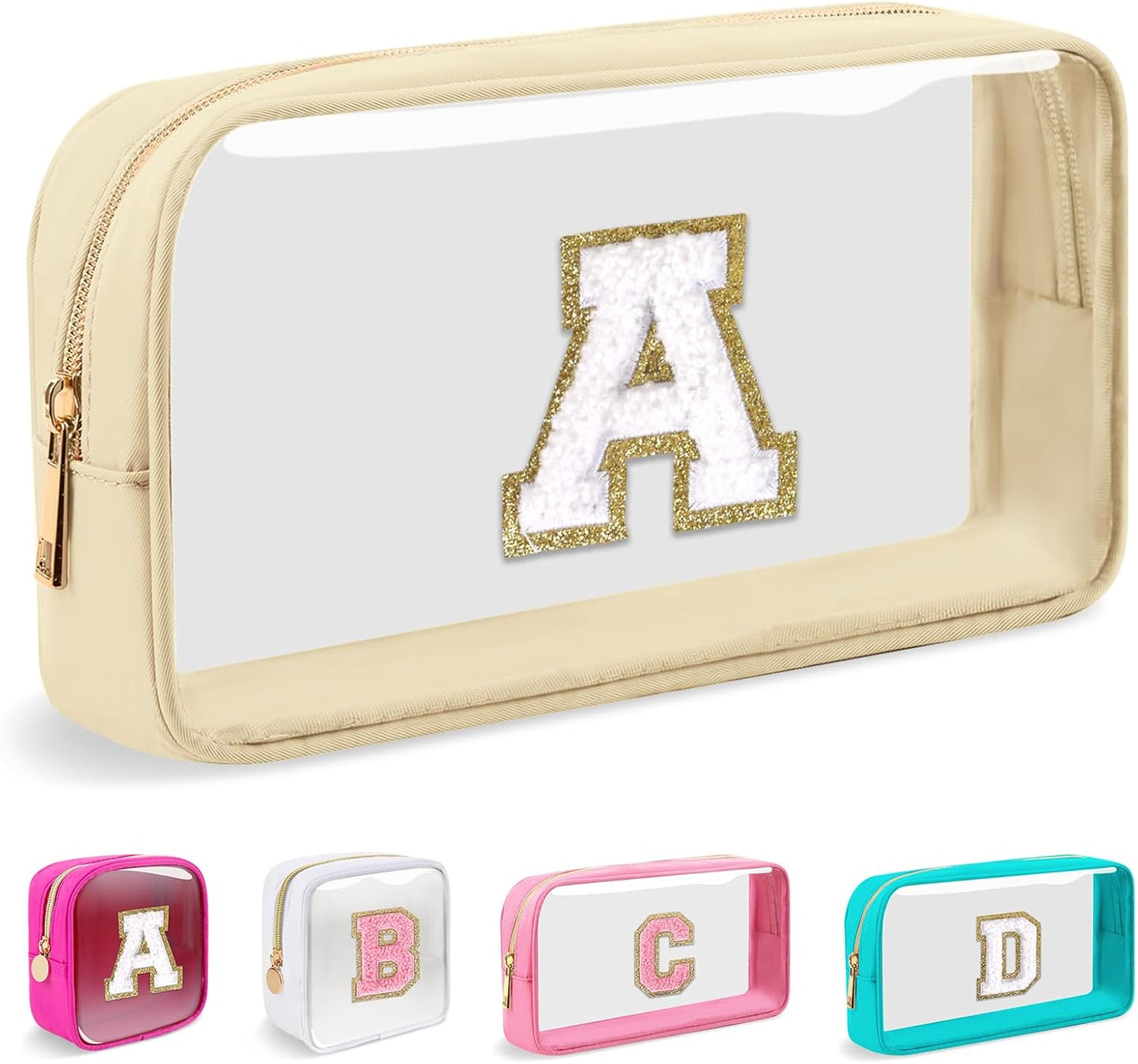 Personalized Initial Makeup Bag - Waterproof Nylon Cosmetic Pouch | A-Z Chenille Letter Patch, White-Pink G