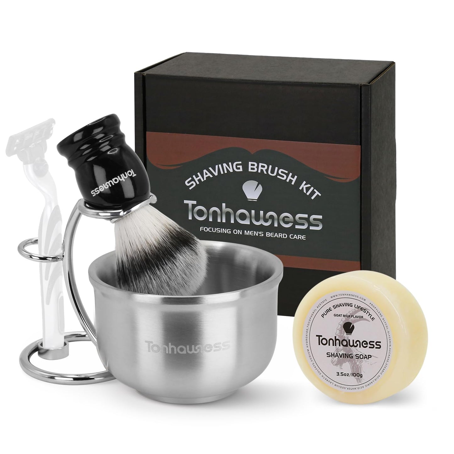 Shaving Brushes Kit For Men, 4 In 1 Shaving Brush Set Includes Nylon Bristle Shaving Brush, Sandalwood Shaving Cream, Stainless Steel Shaving Bowl and Stand (Nylon Bristle with Soap)