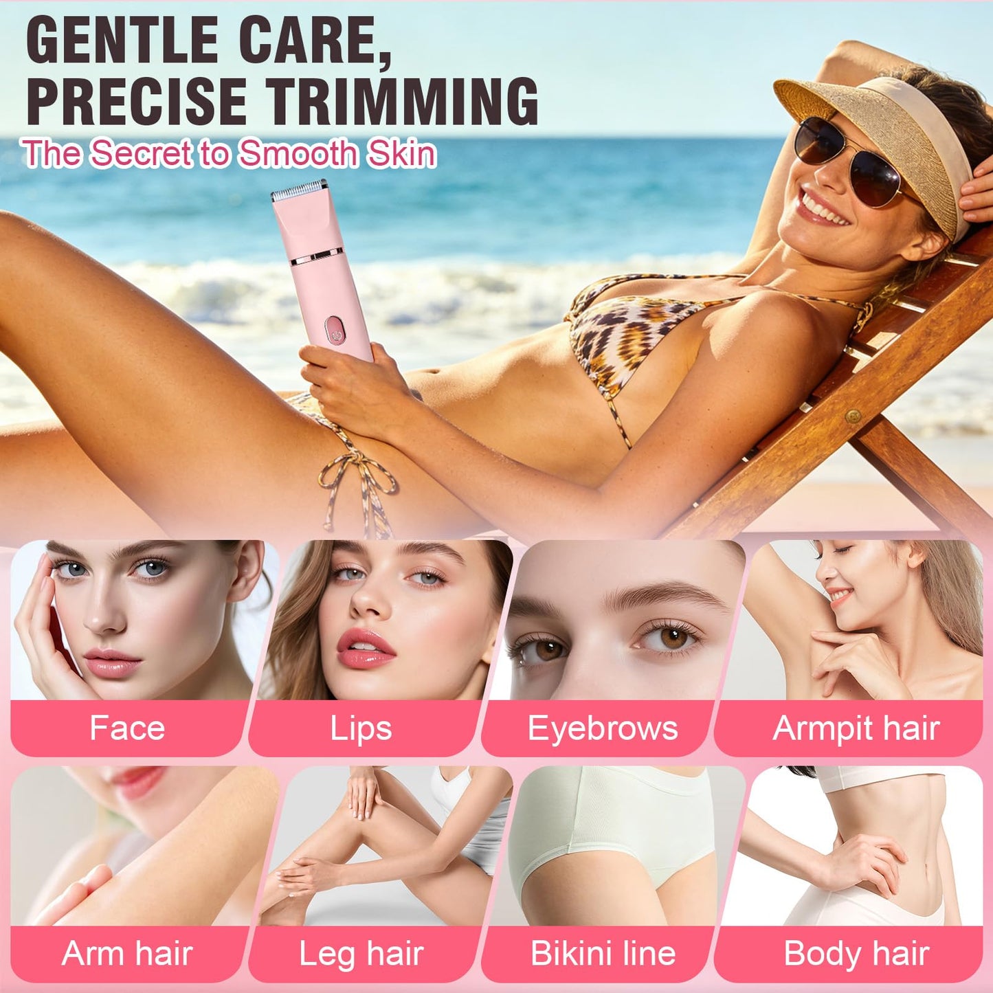 Bikini Trimmer for Women, 2-in-1 Electric Razor for Pubic Hair, Waterproof Wet Dry Body Shaver with Gentle Ceramic Blade, Rechargeable Portable Grooming Tool for Sensitive Areas, Pink