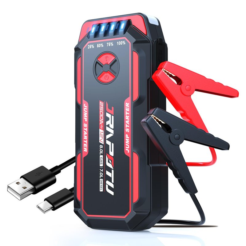 JRAPOTU Car Jump Starter, 2500A Peak Jump Box,Battery Jumper Starter Portable,12V Car Starter Jump Box for 8.0L Gas and 7.0L Diesel Cars with USB Ports，LED Flashlight