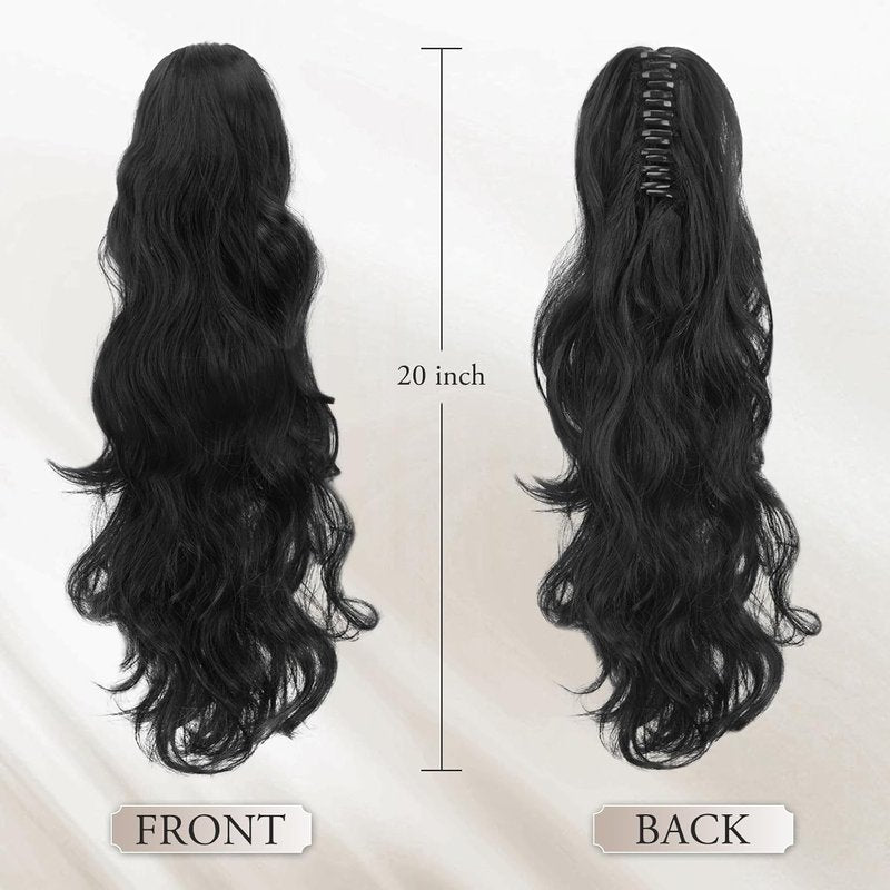Black Claw Clip Ponytail Extensions - 20 Inch Wavy Synthetic Hairpiece for Women | Voluminous Natural Look
