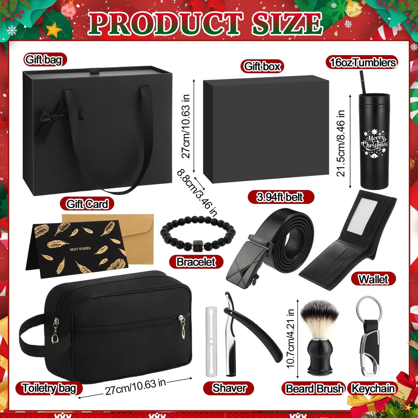 Tioncy 12 Pcs Christmas Men Gift Set Birthday Gifts Baskets with Box Tumbler Bottle Opener Keychain PU Leather Wallet Tie Belt Bag Bracelet Eye Mask Xmas Party Present Box for Dad(Delicate Pattern)