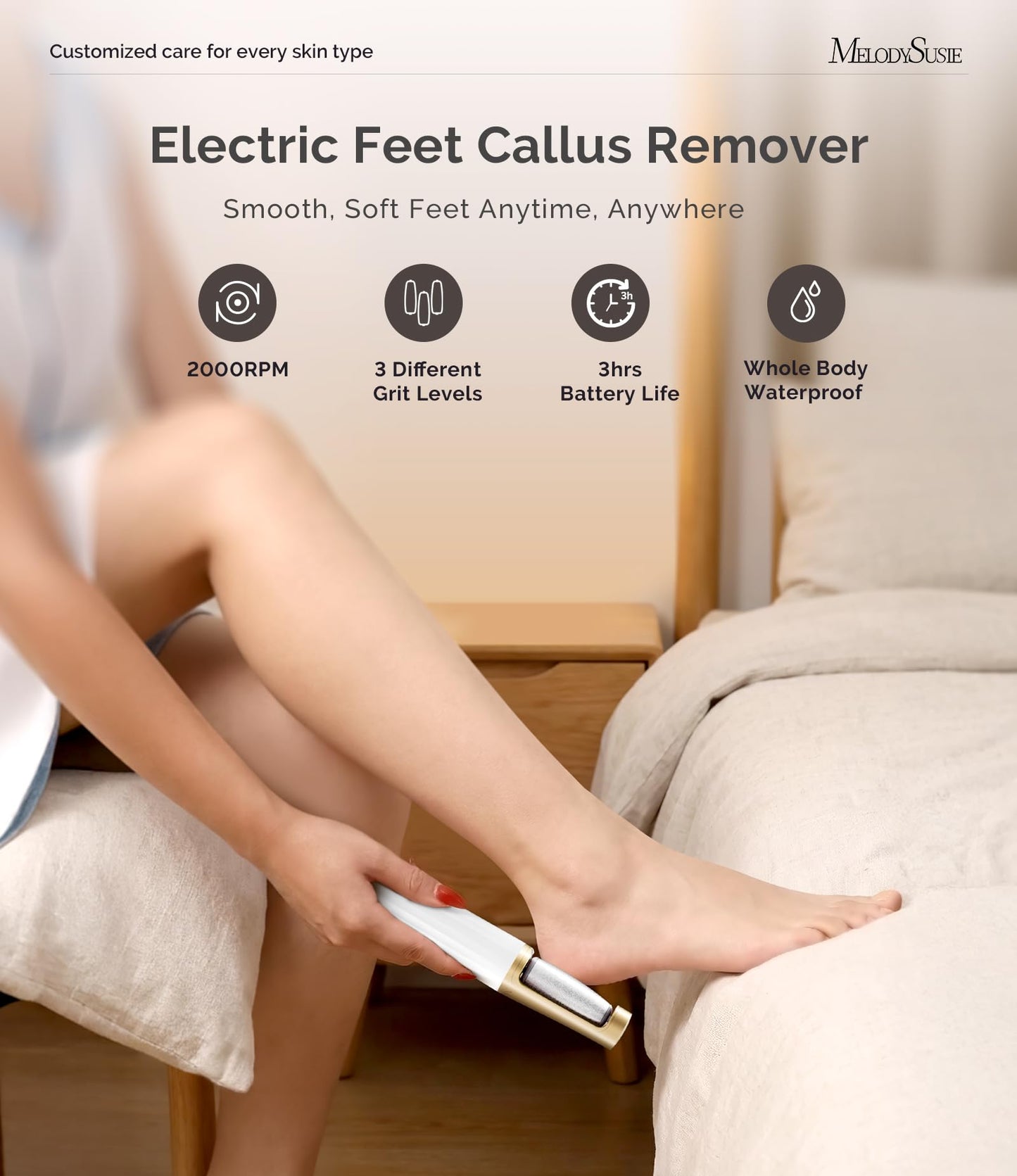 MelodySusie Electric Callus Remover for Feet, PC800G IPX7 Waterproof Rechargeable Pedicure Tool with LED Light & 3 Grits Roller Heads & Adjustable Speeds, for Dead Skin & Cracked Heel, White Gold