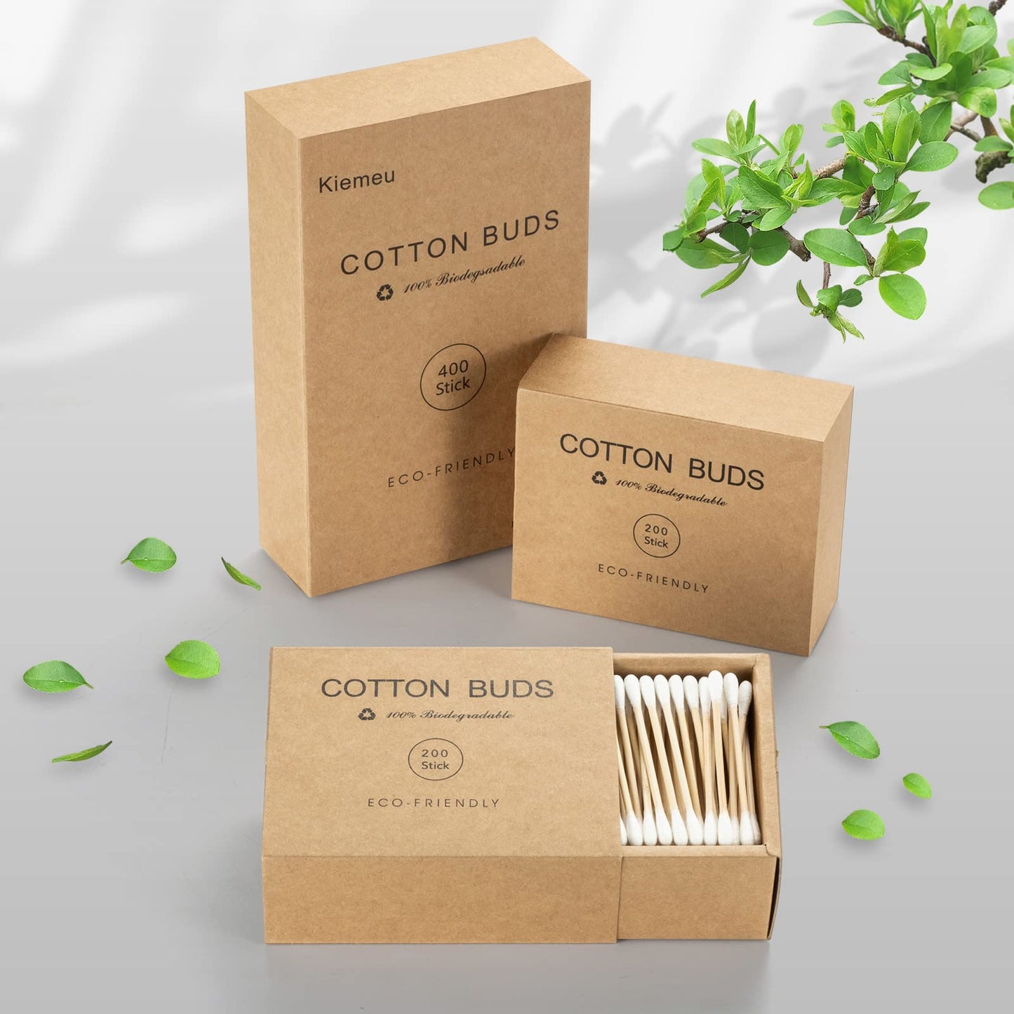 Kiemeu Bamboo Cotton Swabs With Wooden Sticks, Bamboo Cotton Buds For Ears