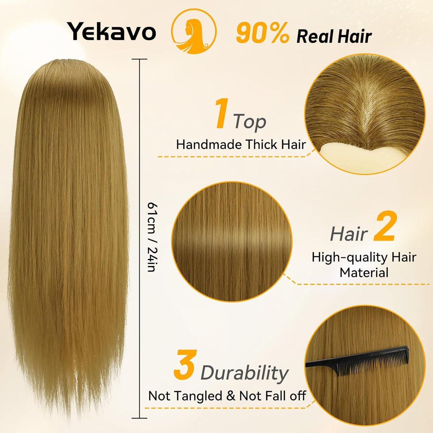 Realistic 24-Inch Female Mannequin Head - 90% Human Hair for Hairdresser Training | Includes Clamp Holder & Tools