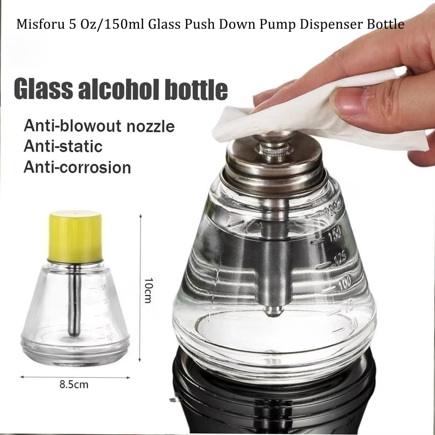 Glass Push Down Pump Dispenser Bottle - 5 Oz/150ml for Nail Polish Remover & Alcohol | Clear Glass Design