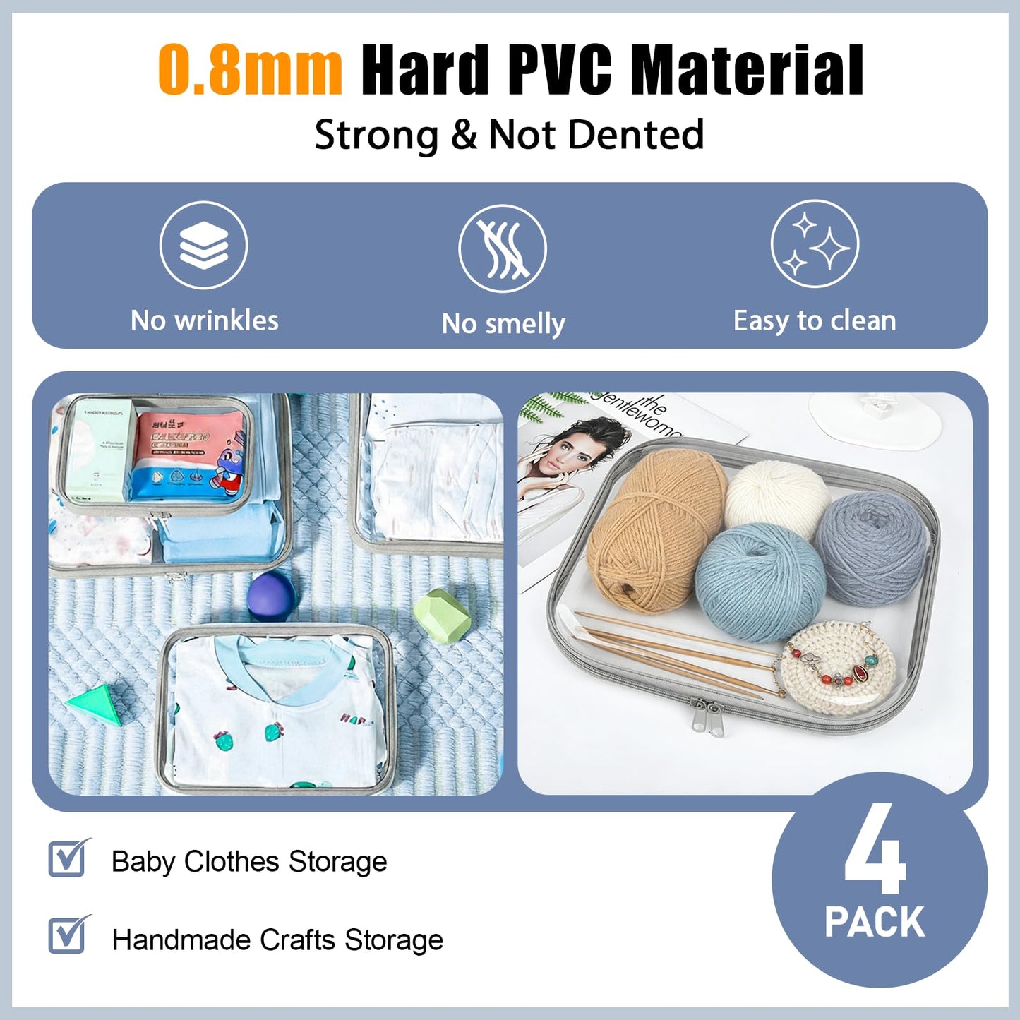 Bifrgmy 4PCS Clear Hard Shell Double-Zipper Pouches, Transparent Plastic Organizer Bags for Travel Cosmetics, Toiletries, Toy Storage & More (Grey)