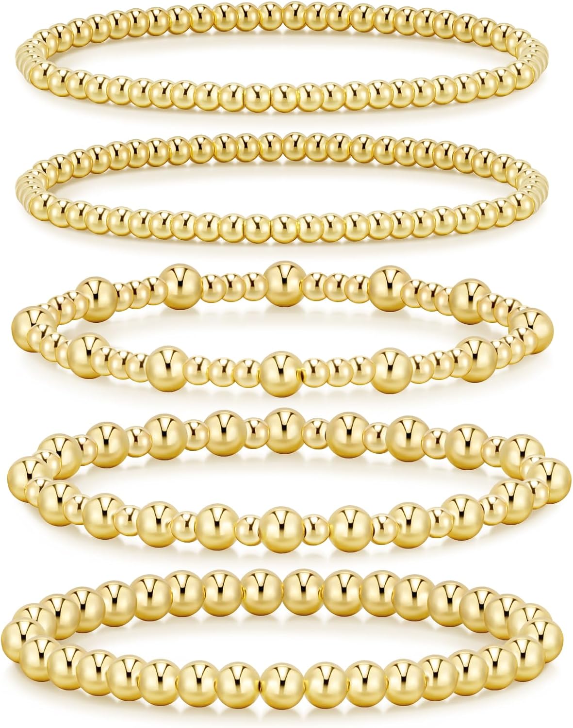 Gold Bracelets for Women - Waterproof 14K Gold Plated Beaded Strand Adjustable Jewelry Set | Perfect Gift