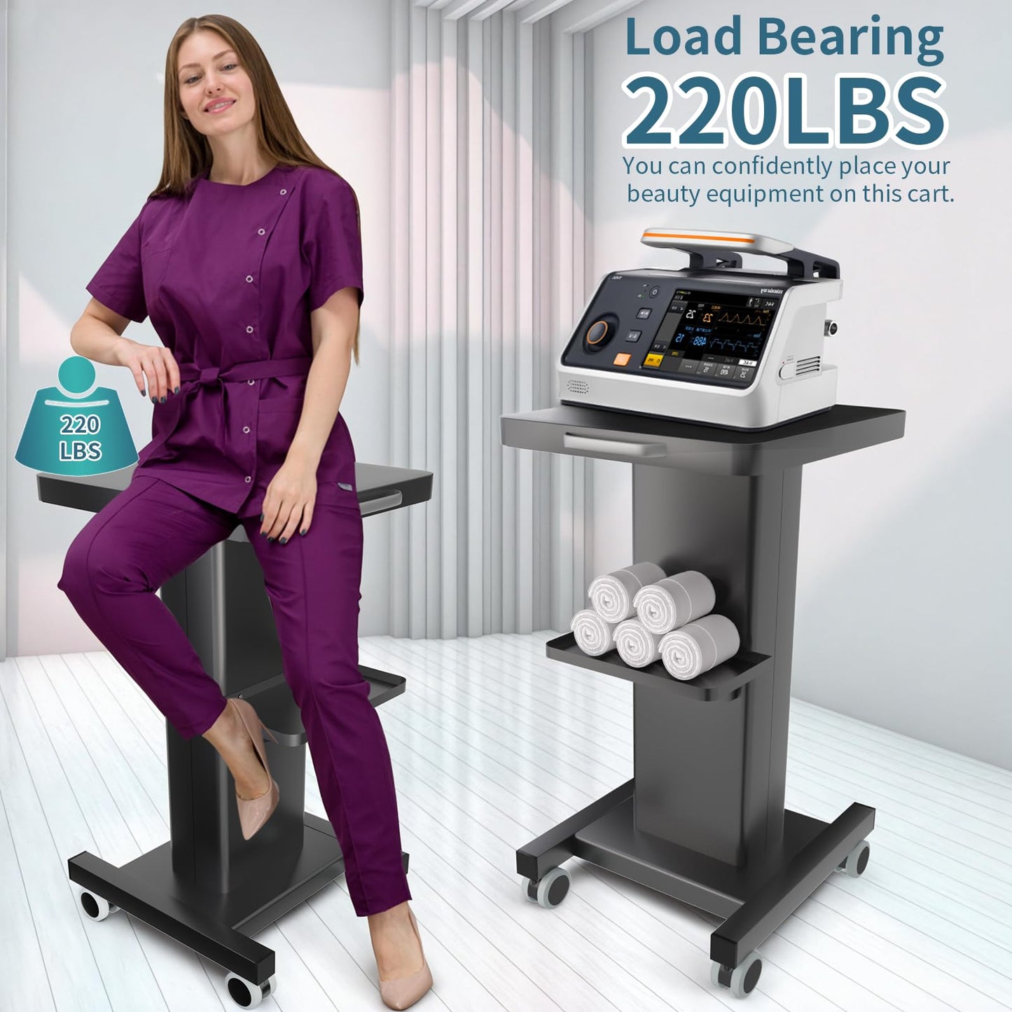 Esthetician Trolley Cart with Wheels, Heavy Duty Metal Beauty Machine 3 Tier Rolling Cart, Load 220Lbs, Durable Full Body Metal Construction for Professional Salons