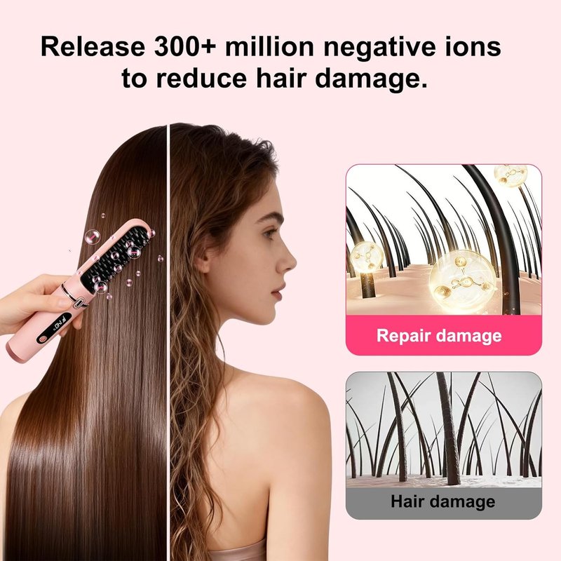 Cordless Hair Straightener Brush - Fast Heating Ionic Comb | Rechargeable Anti-Scald LED Display, Portable Travel Tool