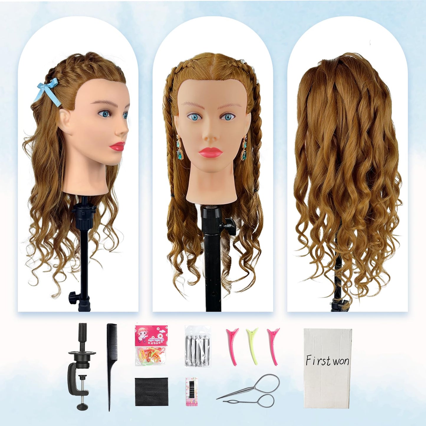 Mannequin Head Human Hair- Cosmetology Manikin Doll Head with 80% Real Hair for Hairdresser Practice Styling Braiding Training Heads & Clamp Holder (Brown)