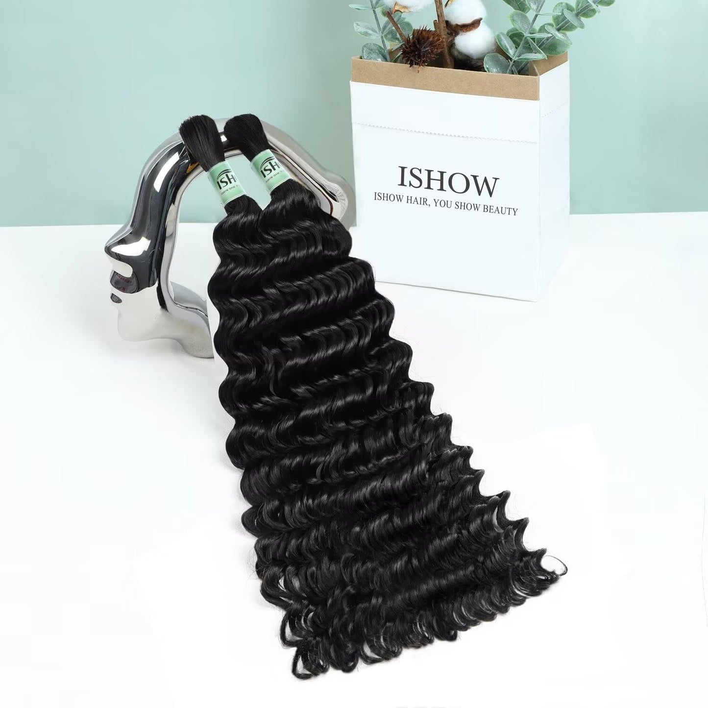 ISHOW Raw Human Braiding Hair, 100% Unprocessed Virgin Human Hair, 15A Deep Wave Boho Hair, 100g 16.01 Inch (2 Packs), NO.1 Premium Quality Boho Hair Producer, Long Lasting, Color 1B