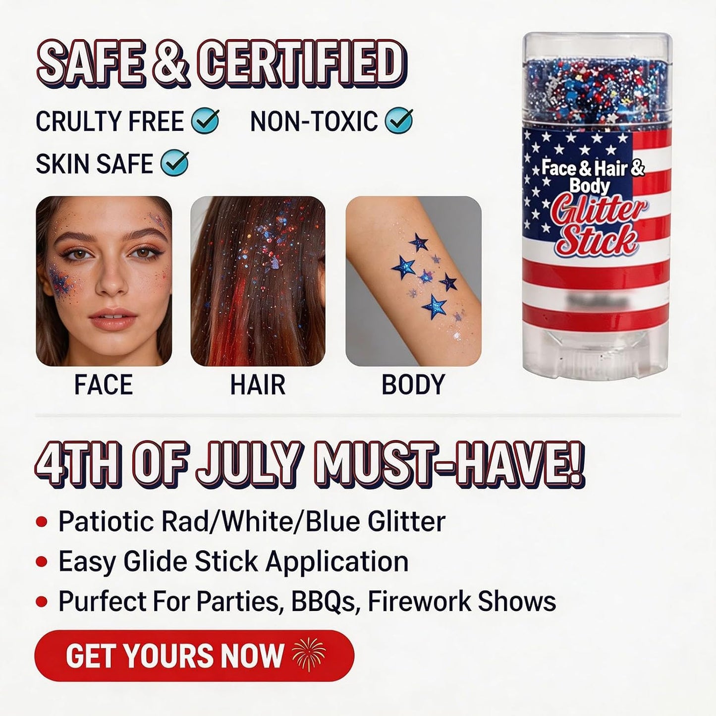 Red White Blue Hair Glitter Stick | Face & Body Paint for Fourth of July Makeup & Decorations