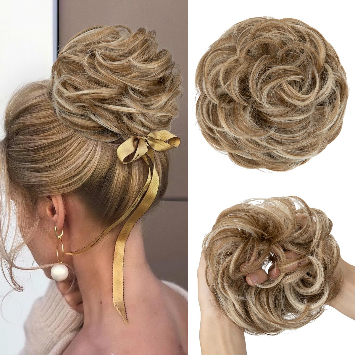 Large Messy Bun Hair Piece - Wavy Curly Synthetic Ponytail Extensions | Thick Updo in Pecan Blonde