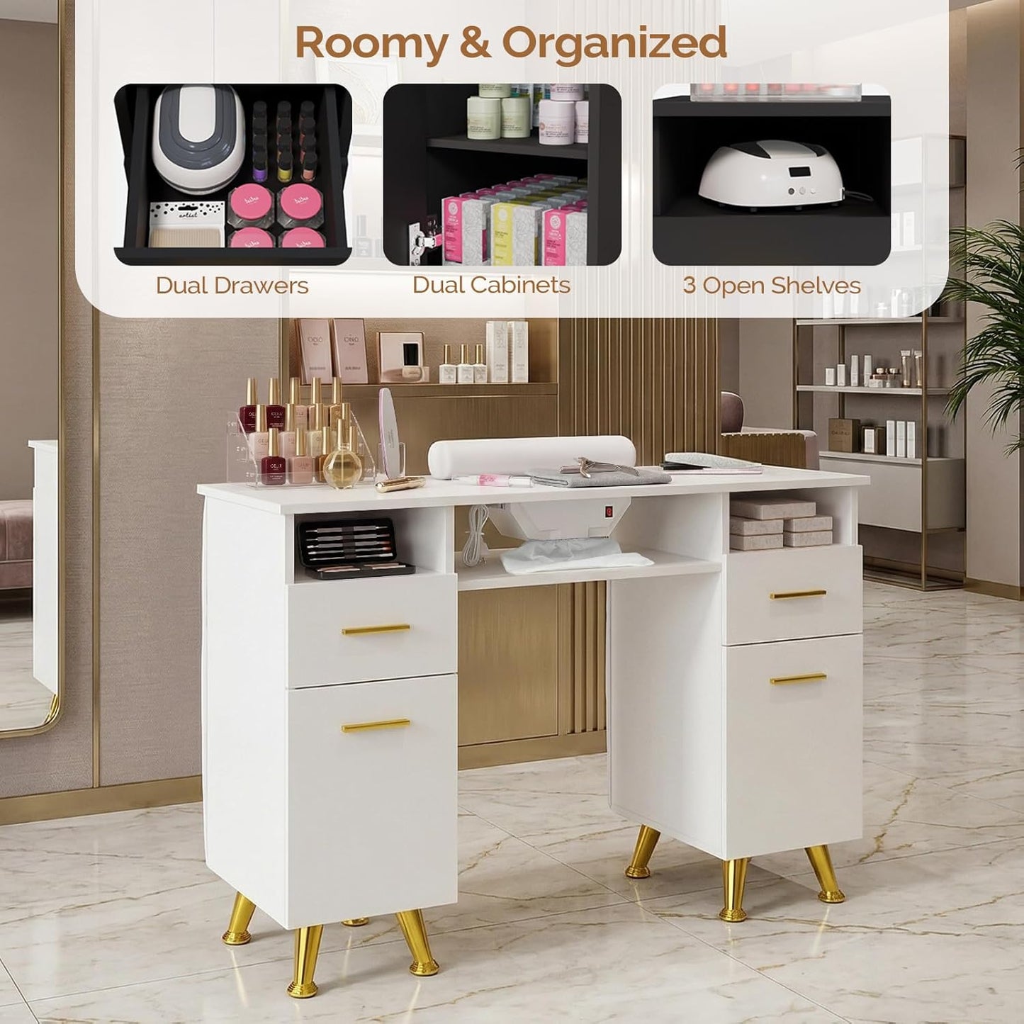 OmySalon Manicure Table - Nail Desk with Dust Collector & Storage | Acetone Resistant, White