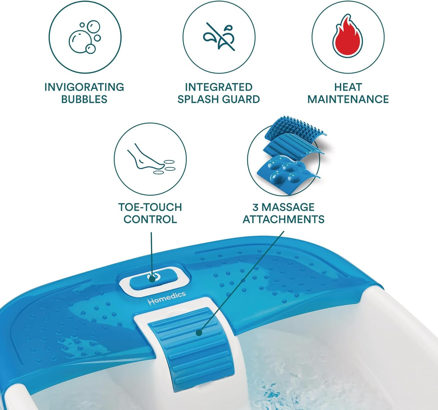 HoMedics Bubble Bliss Deluxe Foot Spa - Heat & Massaging Arch, 3 Acupressure Attachments | Soothes Tired Muscles